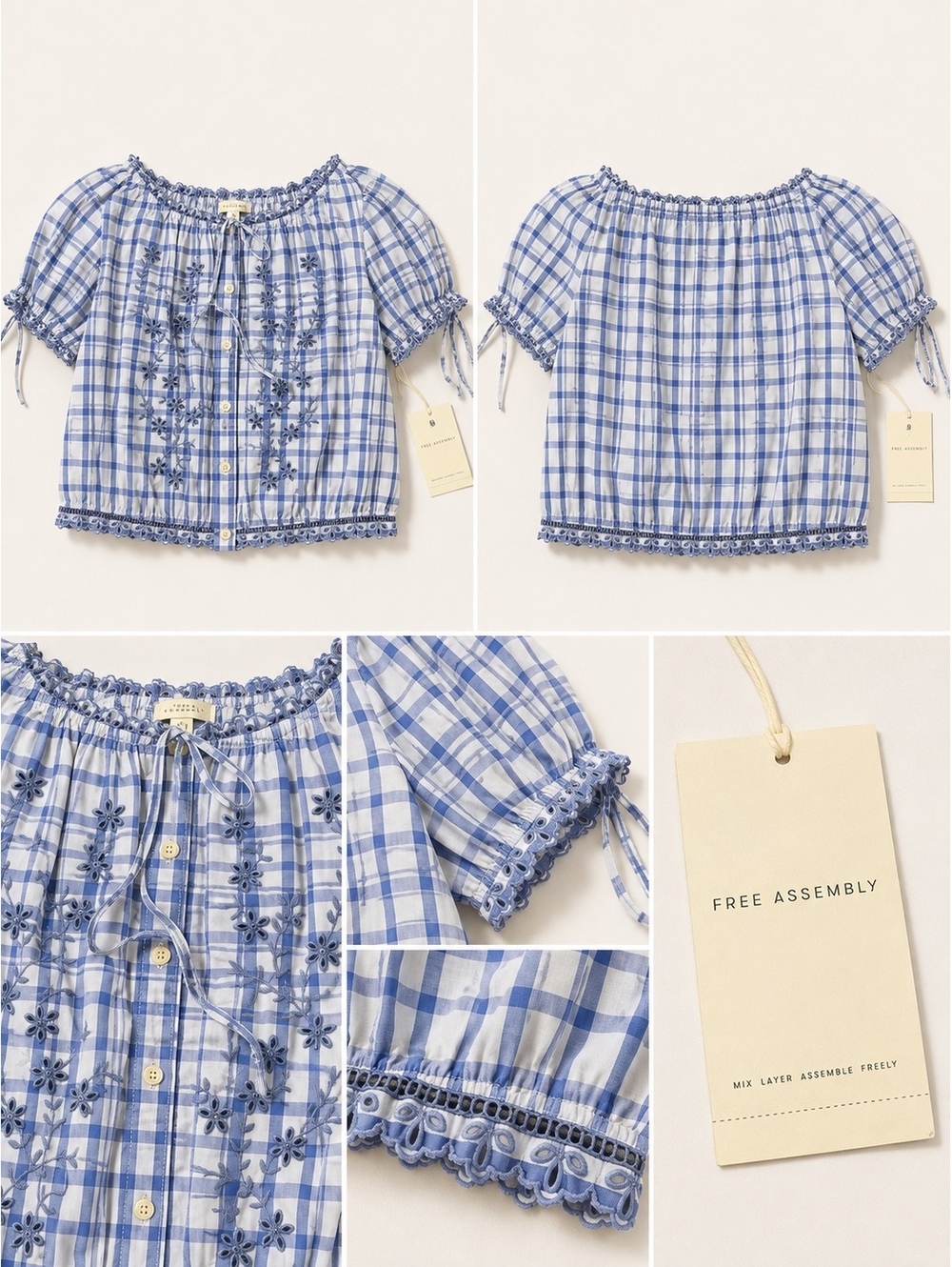 Free Assembly Blue and White Plaid Embroidered Blouse